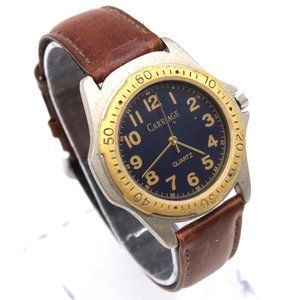 Vintage Carriage Watch Mens Silver Tone Stainless Steel Brown Leather Band 90's